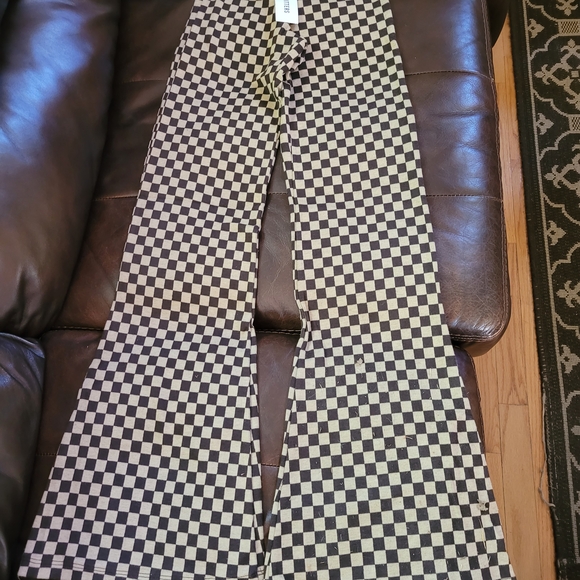 Urban Outfitters Brown and Cream Checkered Flare Pants XS New - Picture 1 of 2